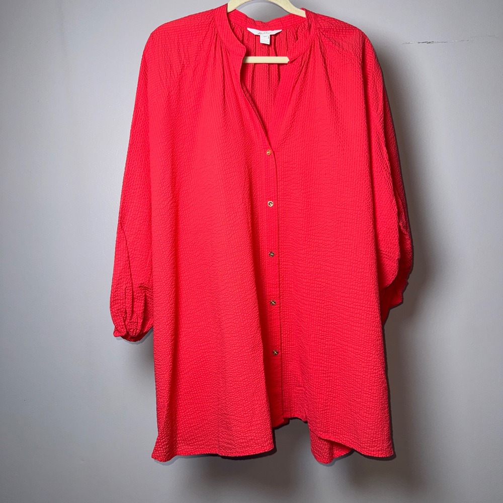 Lilly Pulitzer XS Andrae Pink Seersucker Button Down Oversized Tunic Blouse Swim